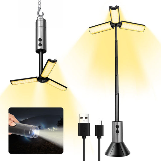 AOXDWGE Rechargeable LED Camping Light, 3000mAh Telescopic Camping Light 3 Page Head 5 Lighting Modes Cordless Waterproof Camping Flashlight Lantern for Power Outages Indoor, Hiking Outdoor