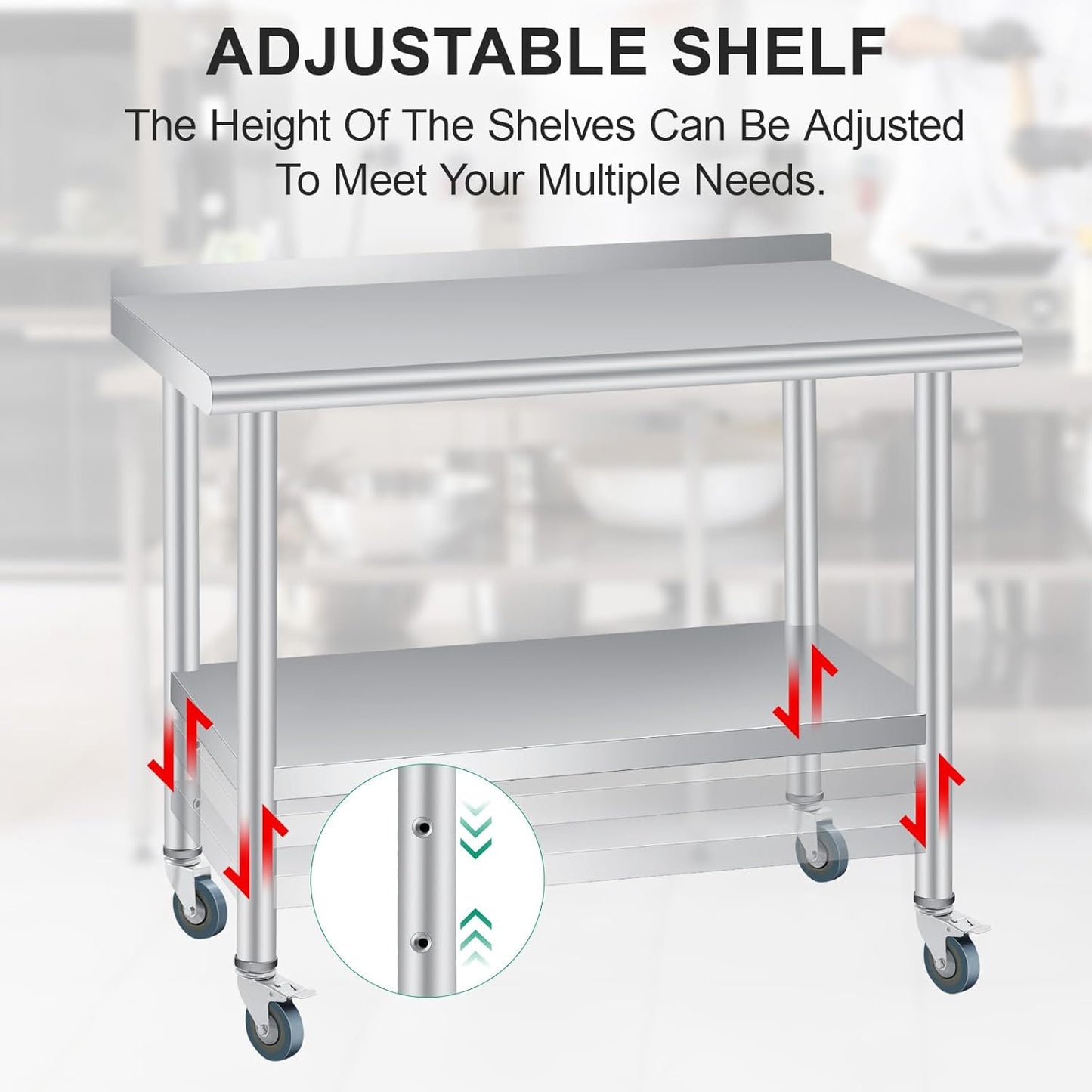 Stainless Steel Prep Table, 48 x 24 Inches, with Backsplash, Adjustable Undershelf and 4 Caster Wheels, Commercial Heavy Duty Table with Adjustable Under Shelf for Outdoor Use,Restaurants,Hotels,Works