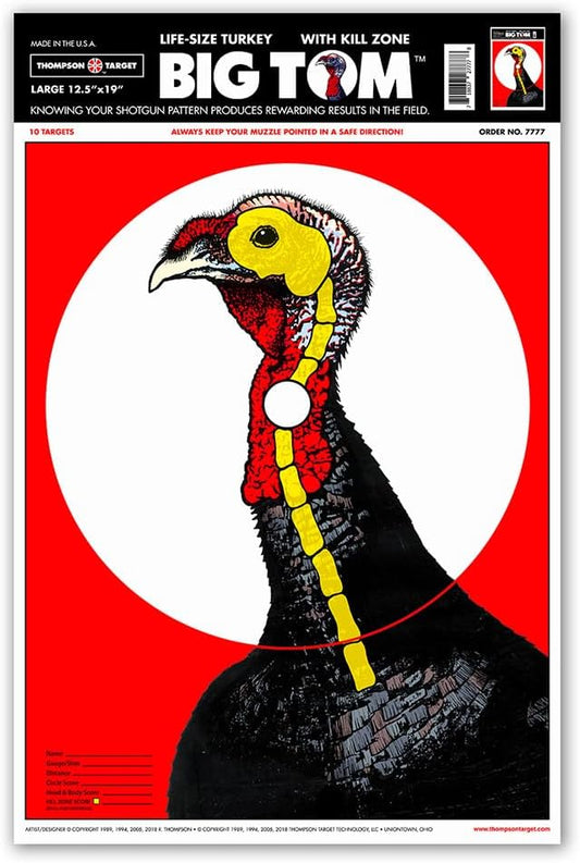 Big Tom Life-Size Turkey, 12.5x19 Inch Ultra Bright Realistic Paper Shooting Targets for Shotgun Patterning and Bow, Made in The USA