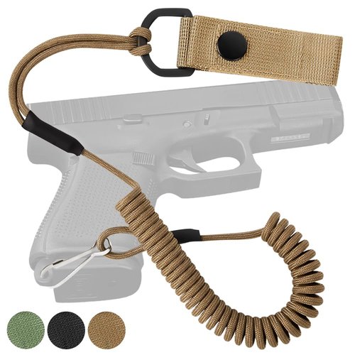 TECEUM Tactical Pistol Lanyard – Coyote – Equipment Accessories for Military, Police, Security & Personal Use – Spring Safety Strap with D-Ring Keeper – Anti-Lost Elastic Coil for Belt or MOLLE