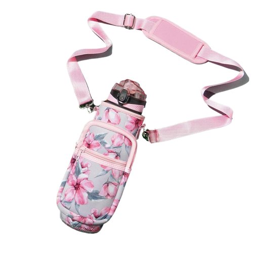 Crownnie Queen 25/32/40 OZ Sports Water Bottle Crossbody Sling Bag Case Sleeve with Adjustable Shoulder Strap and Pockets for Hiking, Travel, Running or Fitness (Peach Blossom)