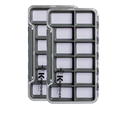 Kingfisher Fly Fishing Super Slim Waterproof Magnetic Compartment Fly Box, 12 compartments, Grey Box, 2 Pack
