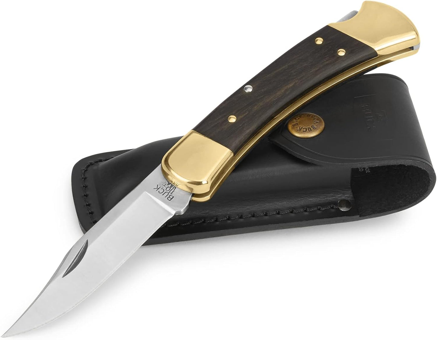 Buck Knives 110 Folding Hunter Lock-back Knife, Brass Bolsters, Ebony Handles, 3-3/4" 420HC Blade with Leather Sheath