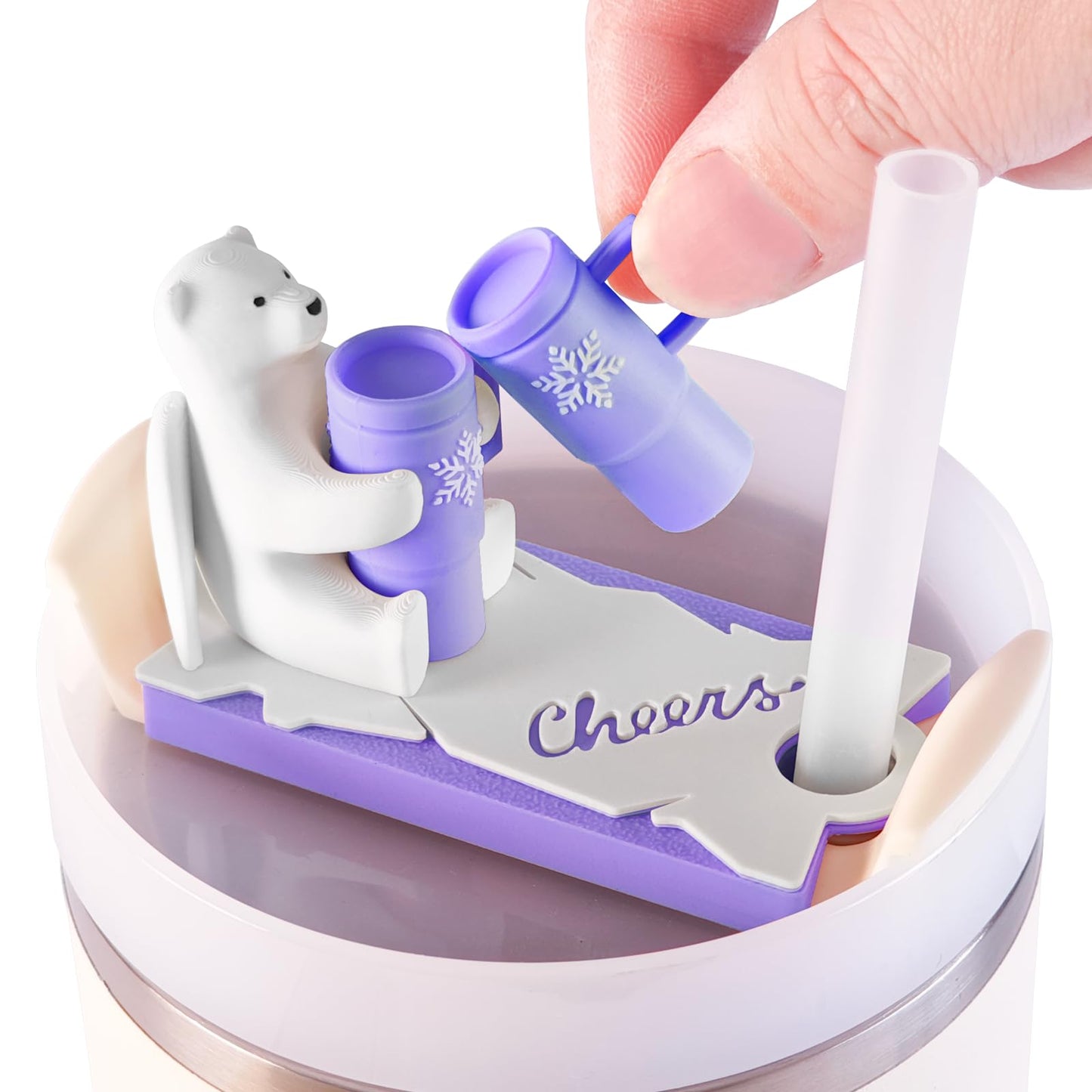 Angel Bear Name Plate with 2PCS Straw Caps for Stanley Cup Cute Funny Accessories for Man & Woman Gift (Bear Cheers 40oz Purple)