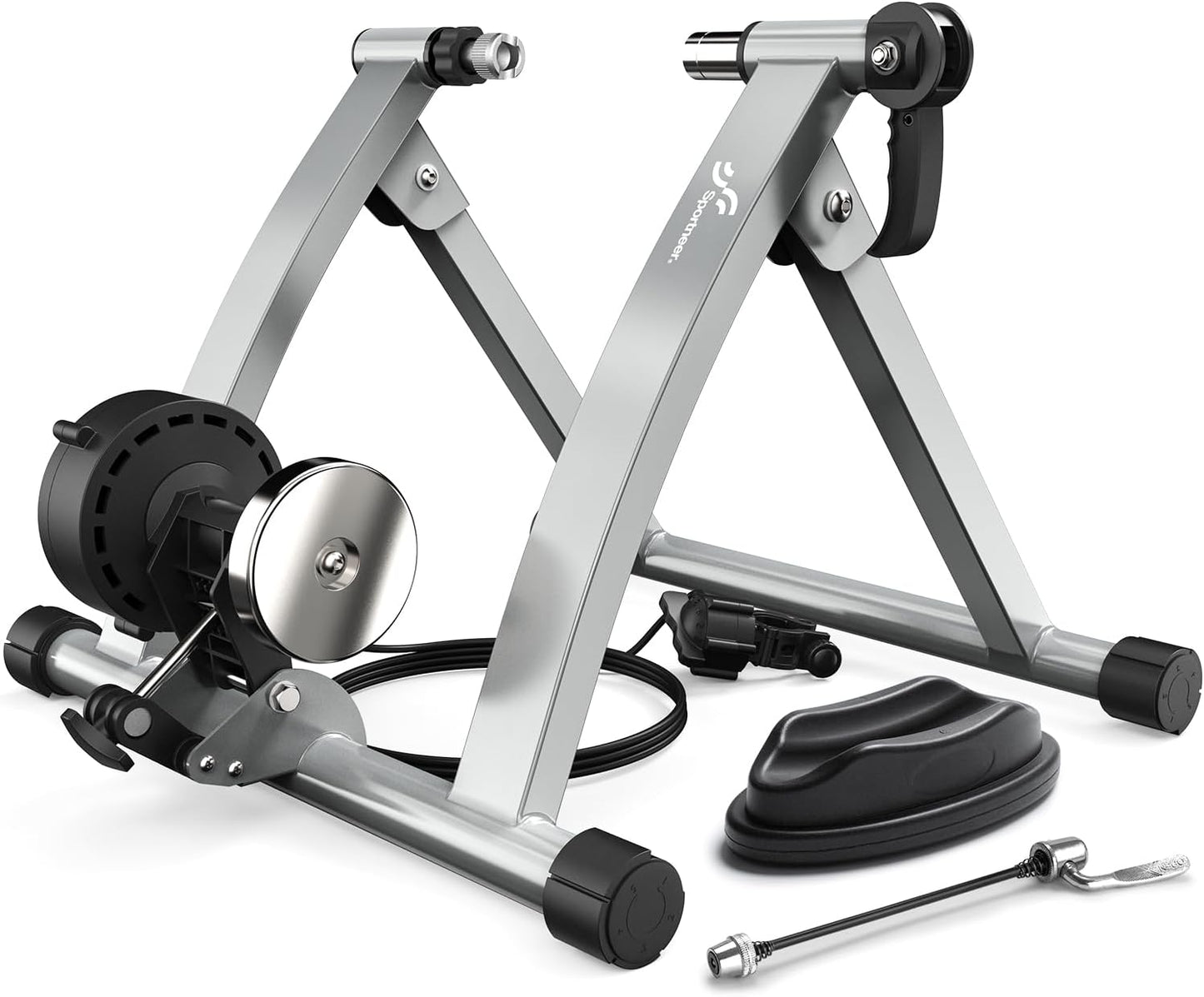 Sportneer Bike Trainer - Magnetic Stationary Bike Stand for 26-28" & 700C Wheels - Adjustable 6 Level Resistance Bike Trainer Stand for Indoor Riding with Quick Release Lever & Front Wheel Riser Block