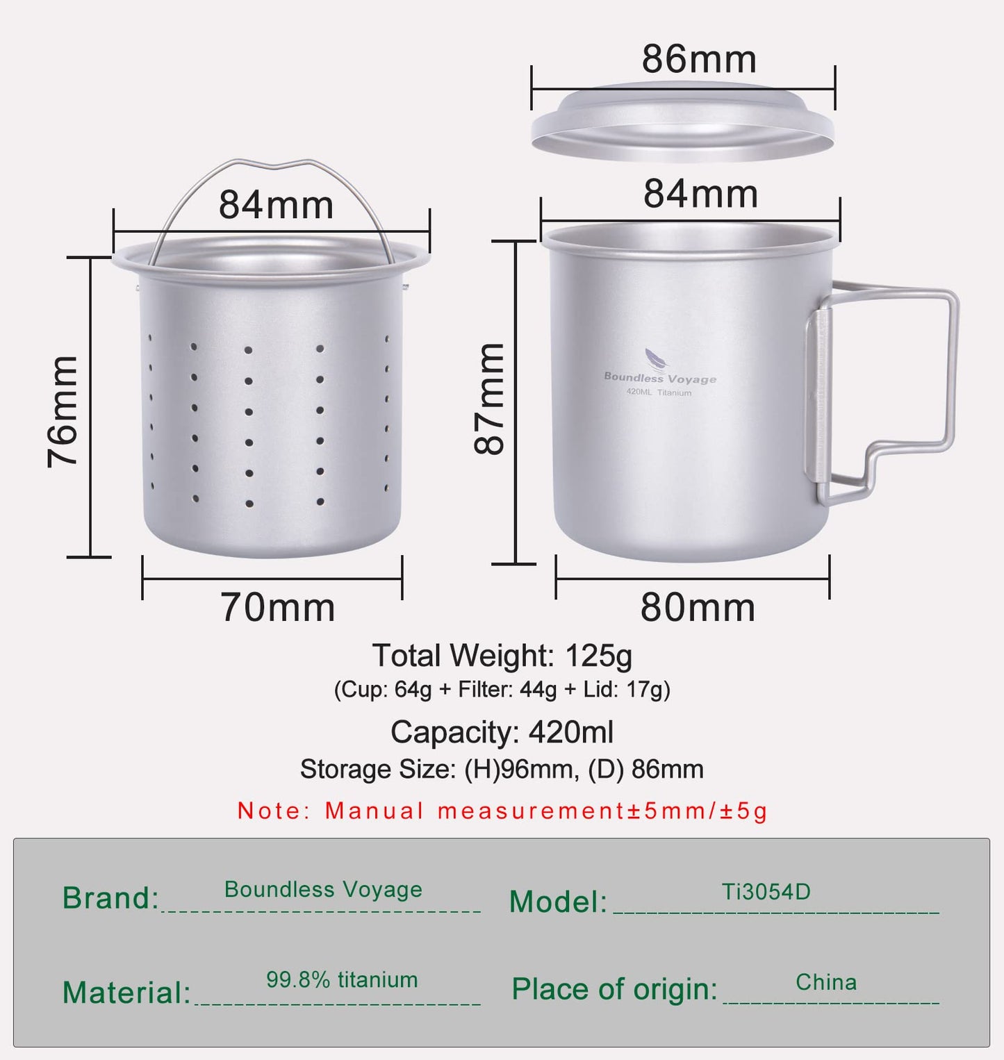 Boundless Voyage Single Layer Titanium Cup Portable Camping Picnic Water Cup Mug with Foldable Handle Lightweight Tea Cup with Tea Filter 420ml/14.2 fl.oz(Ti3054D)