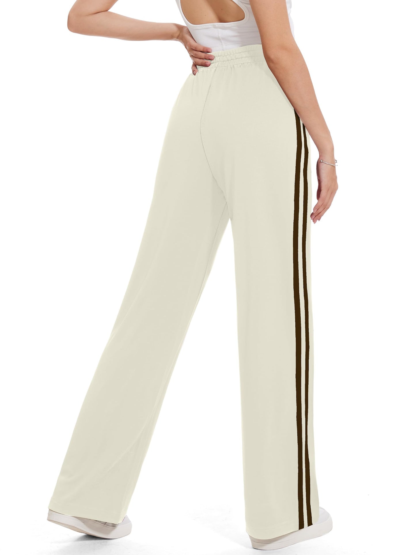 Tapata Tall Women's 34" Inseam Casual Pants Track Athletic Sweatpants Warm Up Loose Side Stripe Street Slacks, Beige, M