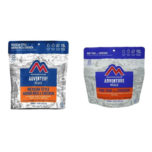 Mountain House Mexican Style Adobo Rice, Chicken, and Pad Thai with Chicken Freeze Dried Backpacking & Camping Food Bundles (2 Servings)