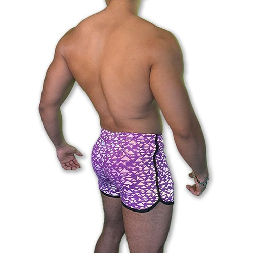 Mens Running Booty Shorts, Zippered Pockets, Rave & Party Short Flash Reflective Gay Rainbow VPL 3in Inseam Shorts (Purple Reflective Triangles, S)