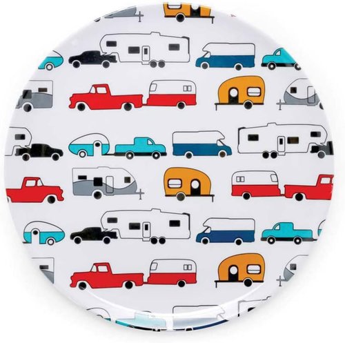 Camco Teal Life is Better at The Campsite 12 Piece Dishware Set-Blue Retro Trailer and Logo Design, Includes Plates and Bowls, Perfect for RVing and Camping, Melamine (53296)