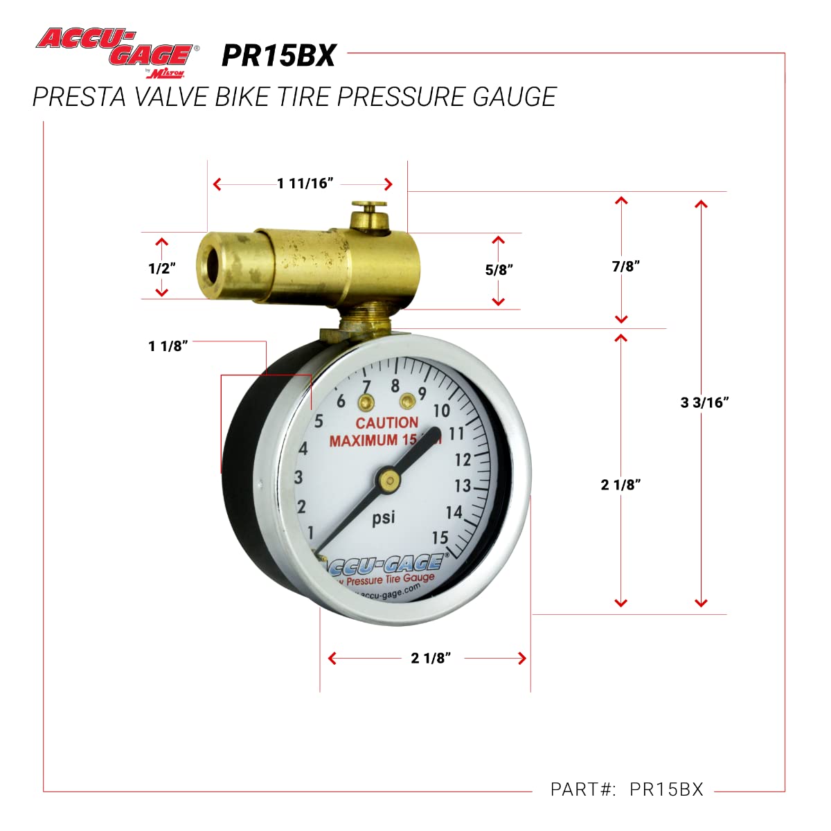 Accu-Gage by Milton Presta Valve Bike Tire Pressure Gauge with Bleeder Valve, for 0-15 PSI - ANSI Certified