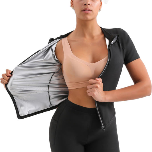 Sauna Suit Jacket for Women Weight Loss Sauna Shirt Waist Trainer Sweat Workout Top Fitness Body Shaper Zipper