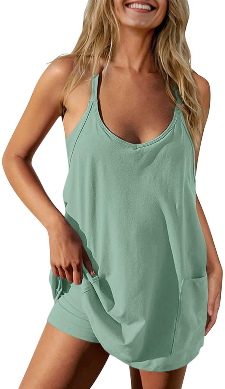 TARSE Athletic Dress for Women Casual Sleeveless Spaghetti Strap Sundress Workout Short Tennis Dress with Pockets(LightGreen,M)