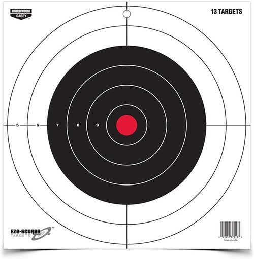 Birchwood Casey 12" Eze-Scorer Bull's-Eye Practice Shoot-Up Brilliant White Paper Targets for Indoor and Outdoor Use, 13 Targets