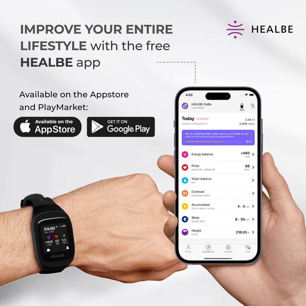 HEALBE GoBe3 - Wearable Health, Fitness and Activity Tracker with Automatic Tracking of Calorie Intake and Burning, Water Balance, Heart Rate, Sleep, neuroactivity, and Stress, with Free app, Obsidian