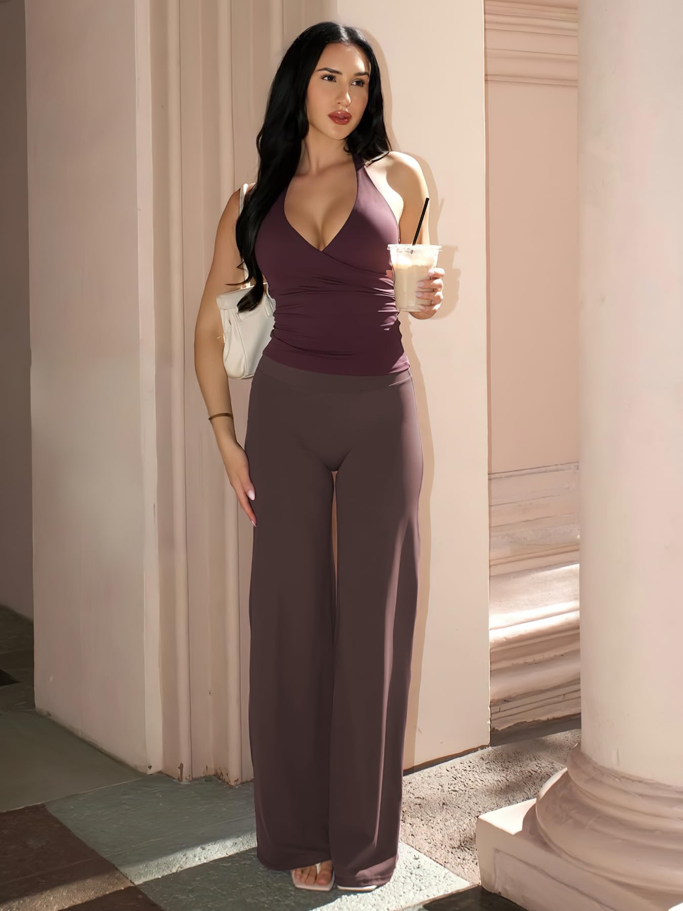 YEOREO Workout Leggings Womens No Front Seam Straight Leggings 35" High Waist Buttery Eddiy Gym Yoga Pants Plum Brown S