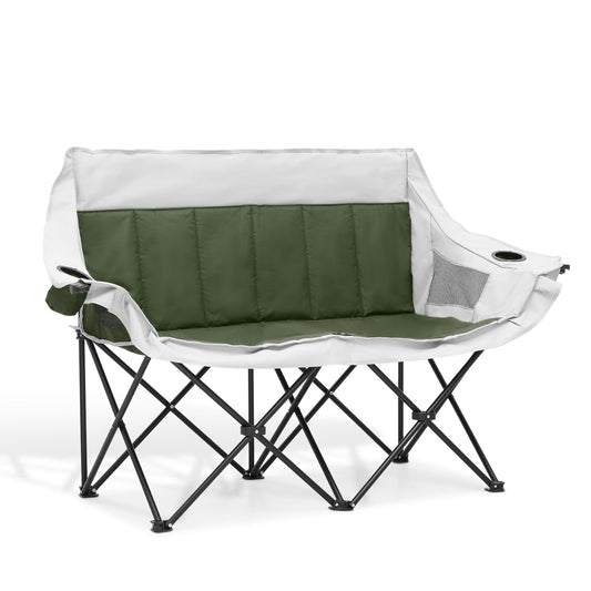 MoNiBloom Collapsible Double Camping Loveseat Chair Outdoor Beach Lawn Picnic Hiking Travel Portable Foldable Collapsible 2-Person Love Seat Camp Chair for Adults (Dark Green and Light Gray)