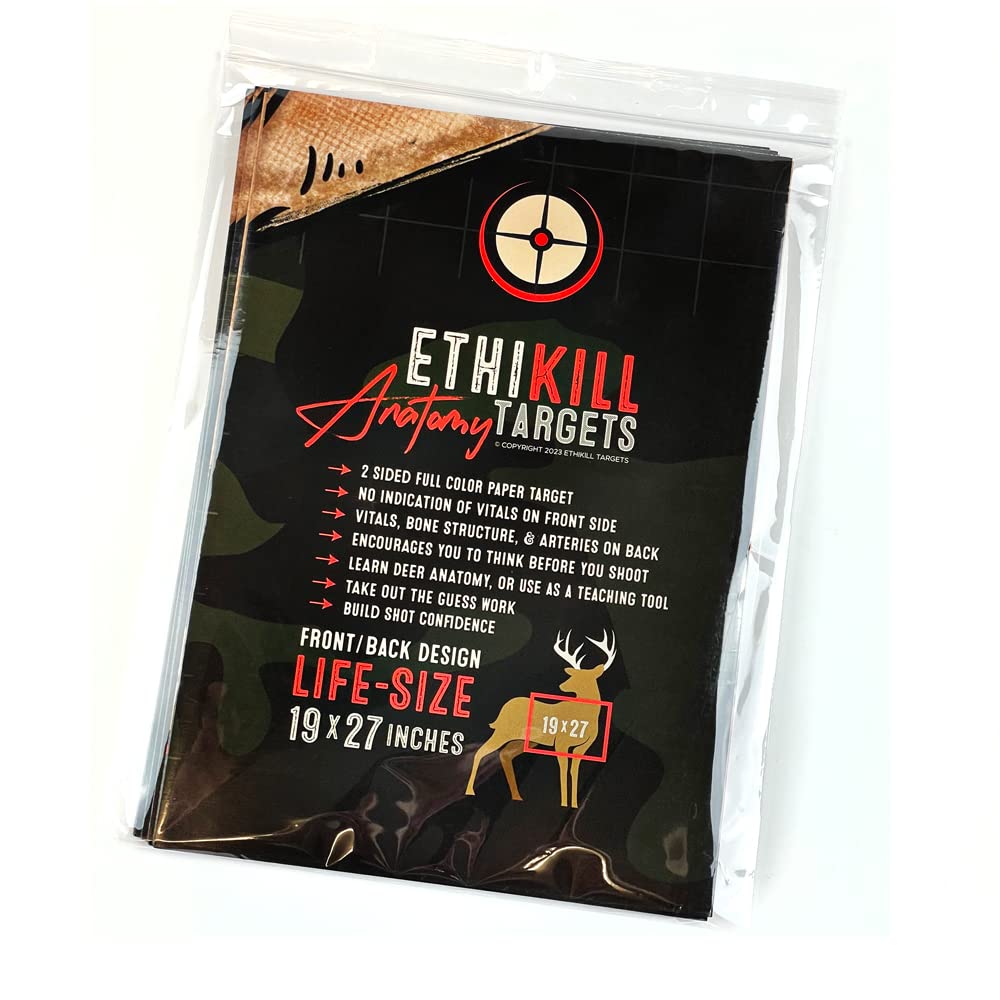 Life Size Deer Vitals 2 Sided Paper Range Target for Archery & Rifle Hunters by EthiKill - Realistic Anatomy Illustration - 19x27 inches (5 Pack)