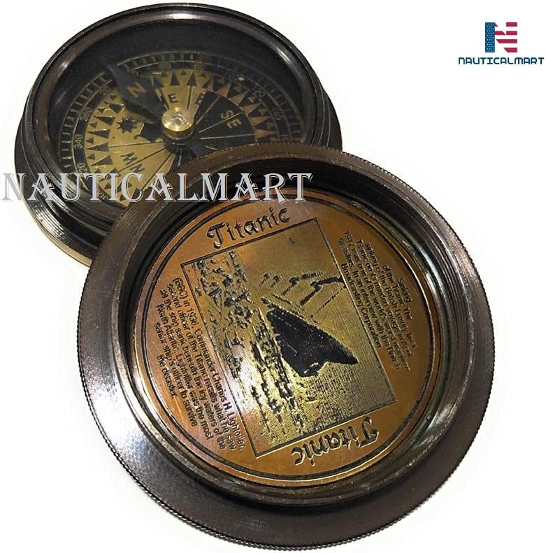 Brass Pocket Compass Marine Titanic Antique Style Engraved Romantic Gift Ideas for Him/Her - Husband Gifts from Wife, for Men Maritime Nautical Compass Hiking Camping Hunting Trekking