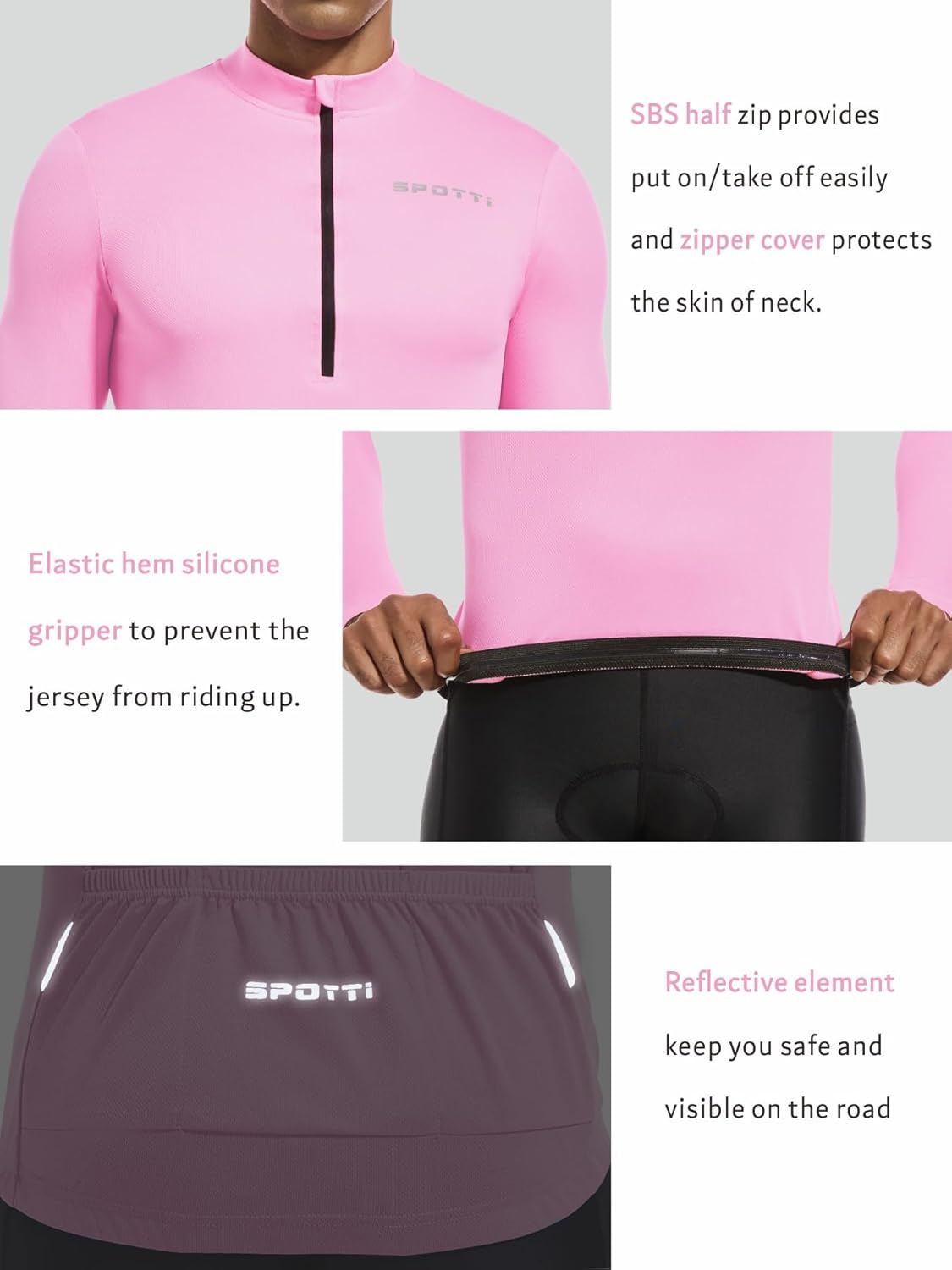 Spotti Men's Cycling Bike Jersey Long Sleeve with 3 Rear Pockets - Moisture Wicking, Breathable, Quick Dry Biking Shirt