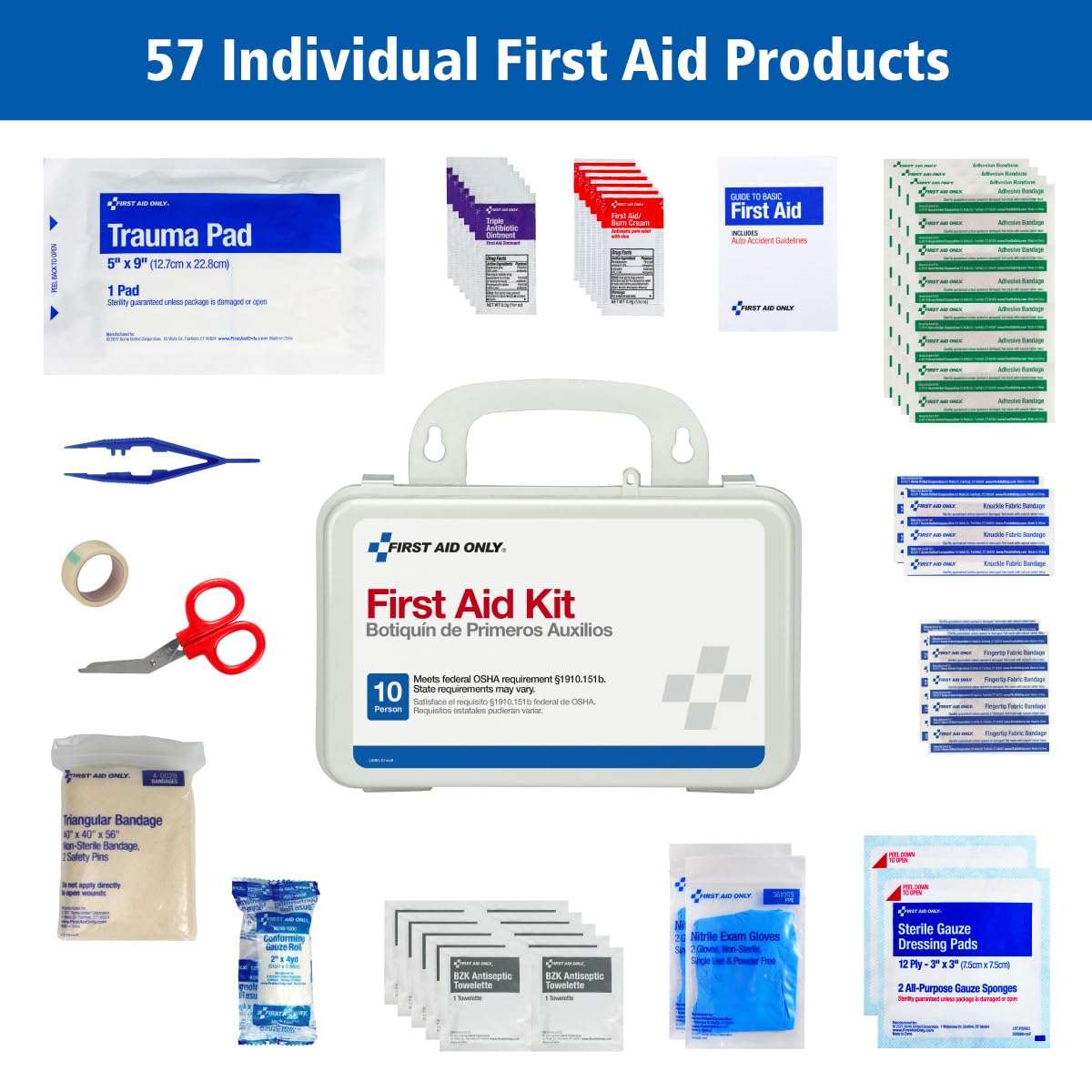 First Aid Only 6060 All-Purpose 10-Person Emergency First Aid Kit for Business, Worksite, Home, and Car, 57 Pieces