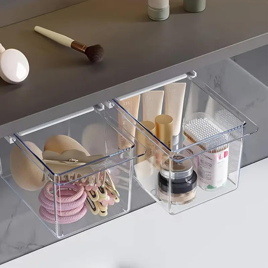 Under Desk Drawer Organizer, with Self-Adhesive Hidden Slide Out Tray Transparent Storage Box, for Home, Kitchen, Bathroom Supplies (Clear)