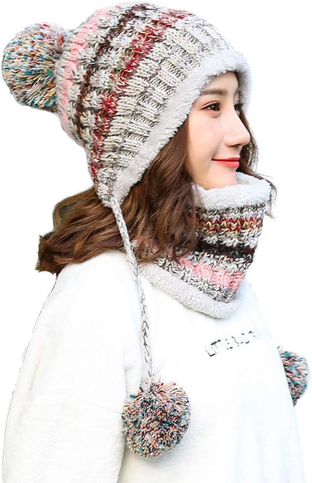 Ypser Women's Winter Warm Knitted Crochet Hat Fleece Lined Cable Faux Fur Pom Pom Beanie Hat Skull Cap