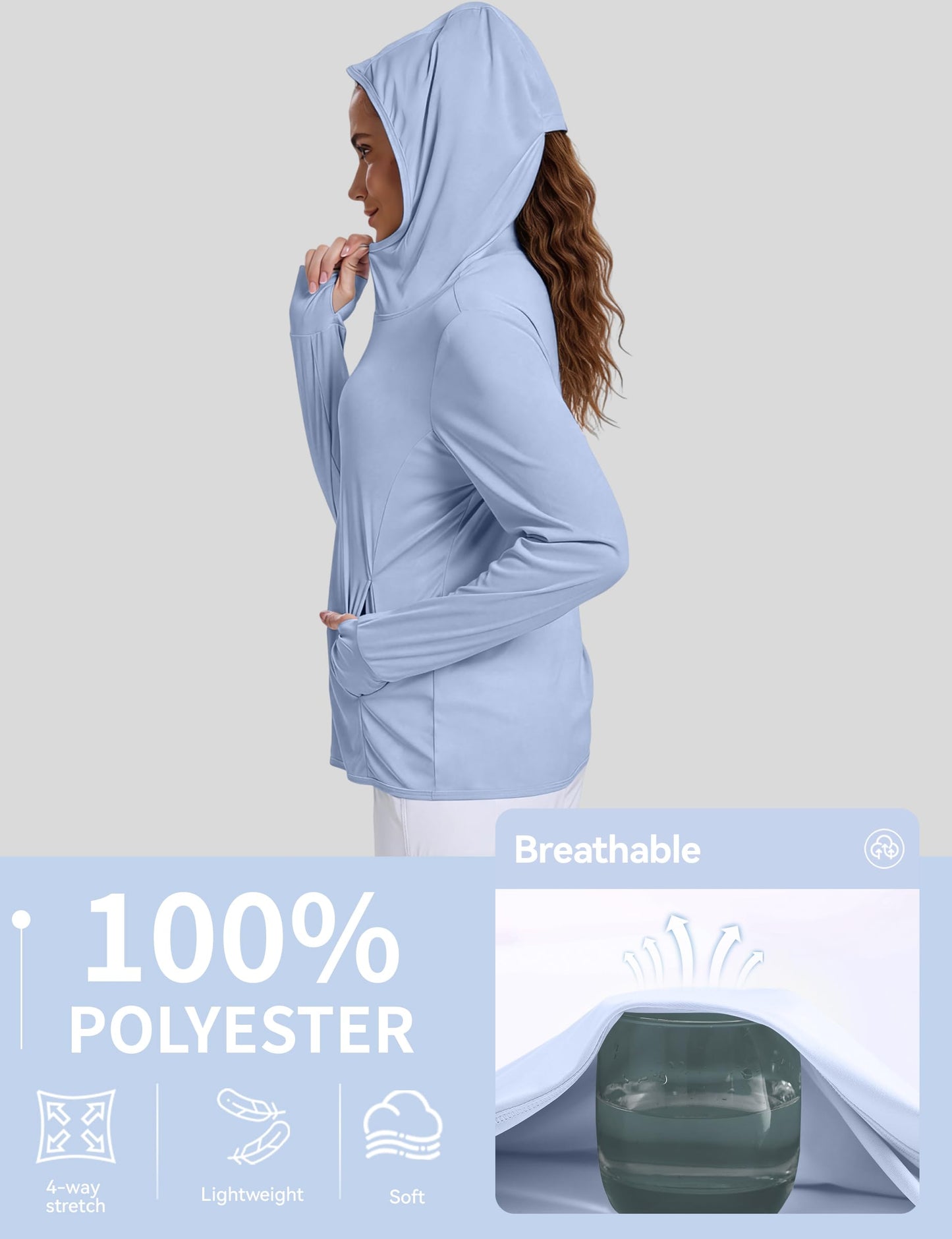 CHALLMOTI Women's Sun Protection Jacket Zip up Hoodie Lightweight Long Sleeve UV Cover Up Hiking Shirt UPF 50+ Light Blue XS
