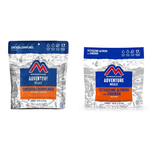Mountain House Chicken & Dumplings + Fettuccine Alfredo with Chicken | Freeze Dried Backpacking & Camping Food | 2 Servings Each