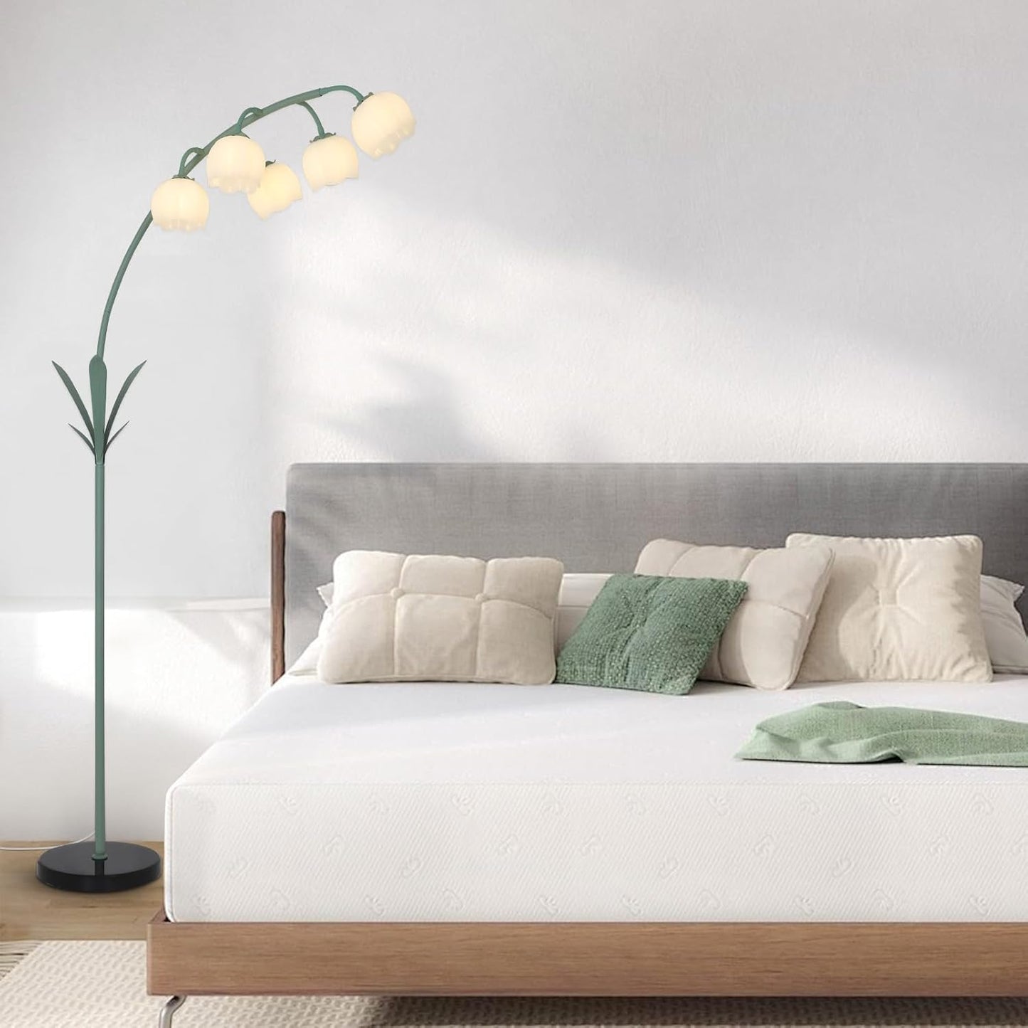 HMVPL Arc Floor Lamp for Living Room, Flower Floor Lamp with 5 G9 LED Bulbs, Foot Switch, Green Floral Standing Lamp with Acrylic Shade, Curved Tall Lamp for Living Room Bedroom Corner Kids Reading