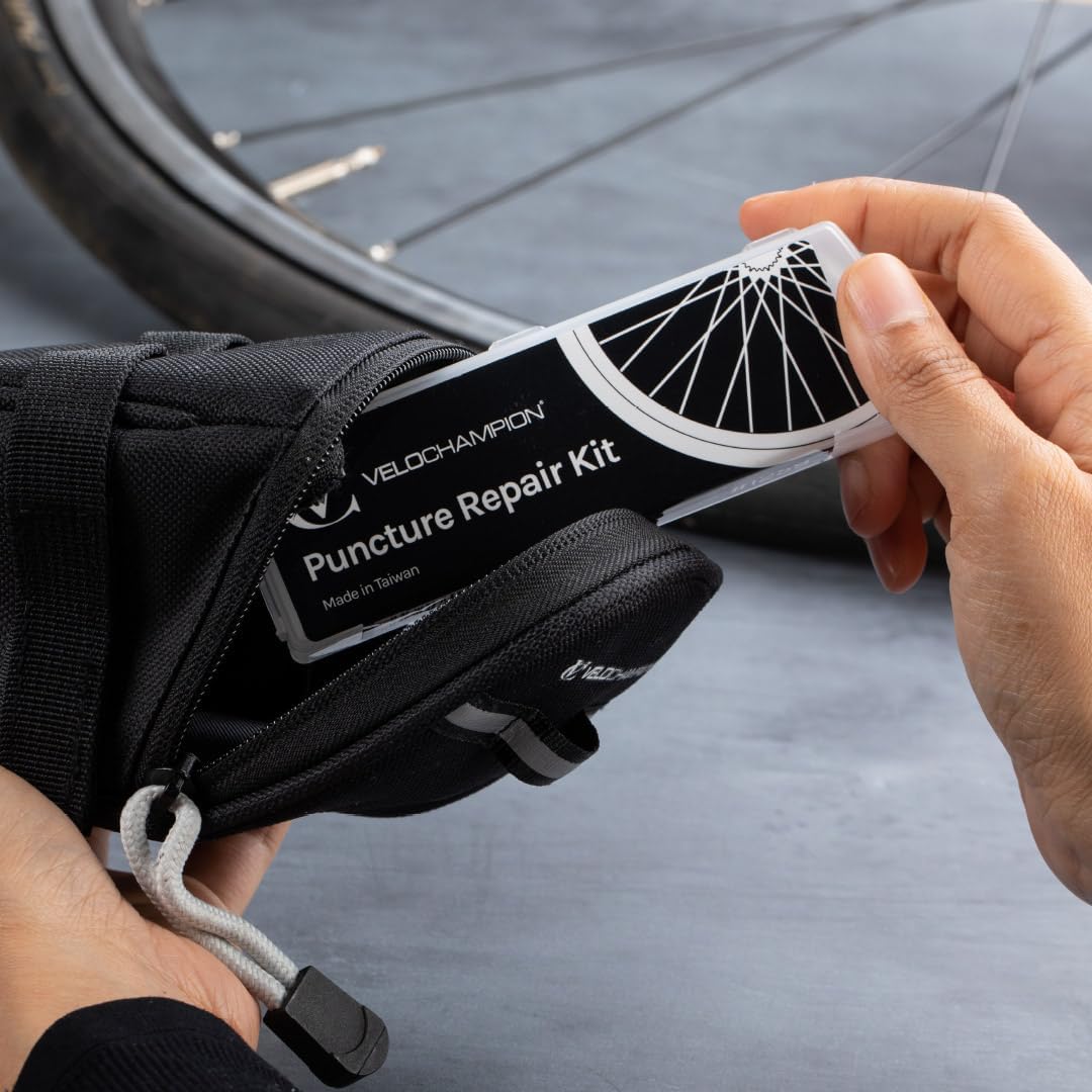 VeloChampion Black Bike Seat Pack Under Saddle Bag | 1 Litre Storage | Ideal for Mountain Road or Hybrid Bikes | Reflective | Water Resistant | Perfect for Repair Kits and Cycling Accessories