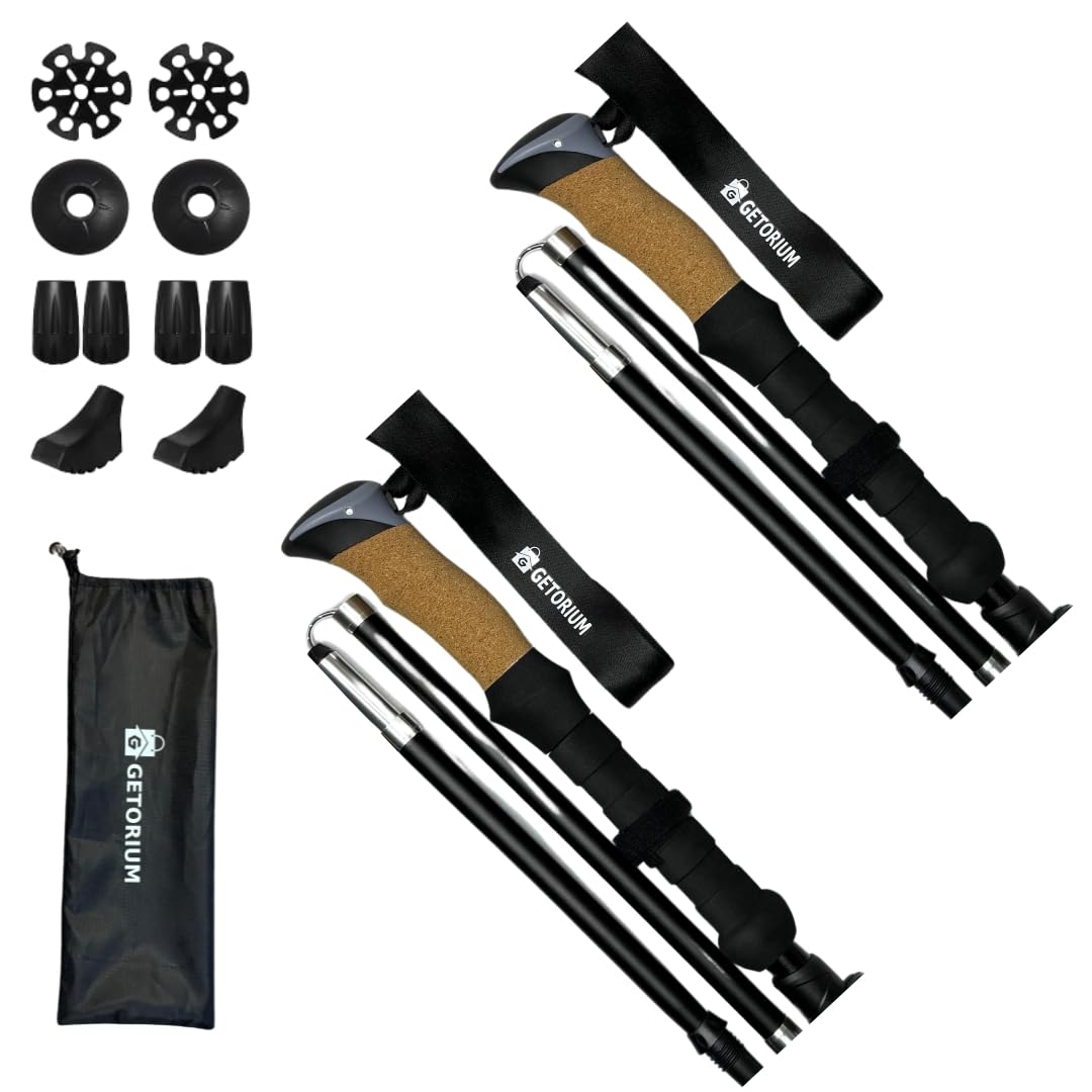 GETORIUM Trekking Poles - Lightweight, Folding Hiking Poles for Backpacking Gear, Nordic Ultralight Walking Sticks, 2 Poles, Aluminum 7075, 110-130cm, Cork Grip