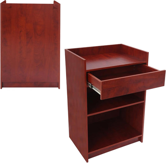 Podium Stand with Drawer and Shelf, Checkout Counter Cash Register Restaurant Hostess Wood Lectern, Church Pulpit with Storage, 24" W X 38" H X 18" D (Brown)