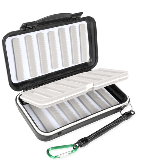 Fly Fishing Box Fly Boxes For Fly Fishing Trout Two-Sided Waterproof Lightweight Easy Grip Black Lid Fly Fishing Lures Box Foam Ice Jig Fly Box And Coil Springs Cord.