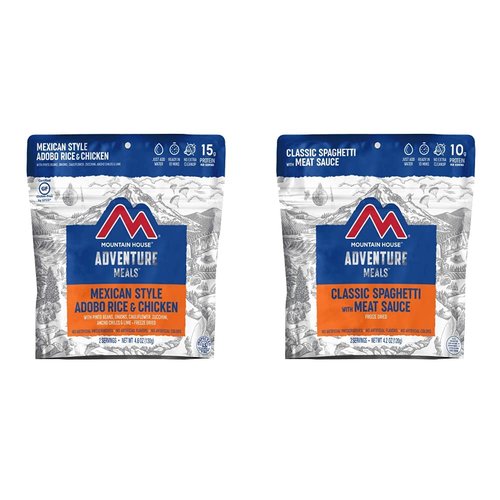 Mountain House Mexican Style Adobo Rice & Chicken, 2-Servings | Gluten-Free & Classic Spaghetti with Meat Sauce | Freeze Dried Backpacking & Camping Food |2 Servings