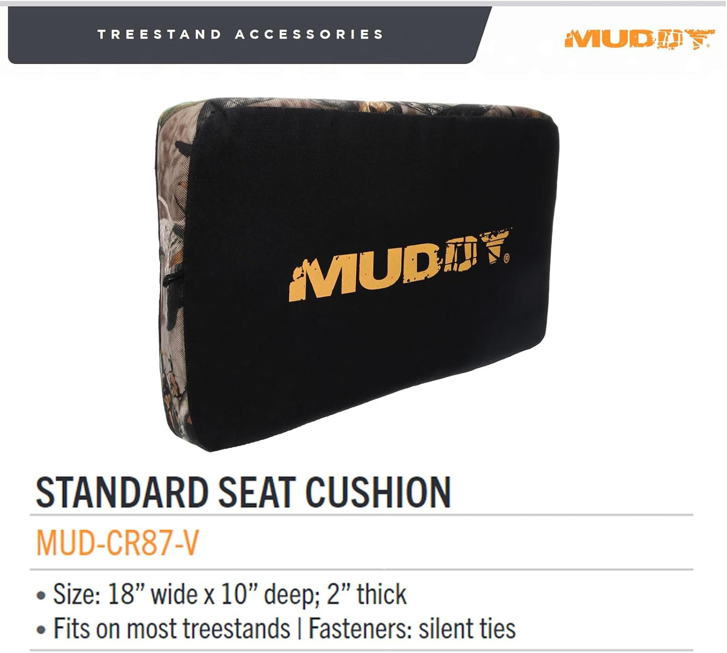 MUDDY Standard Seat Cushion - 18" x 10" Durable Lightweight Portable All-Day Comfort Hunting Outdoor Cushioned Tree Stand Seat with Silent Ties, Fits Most Treestands