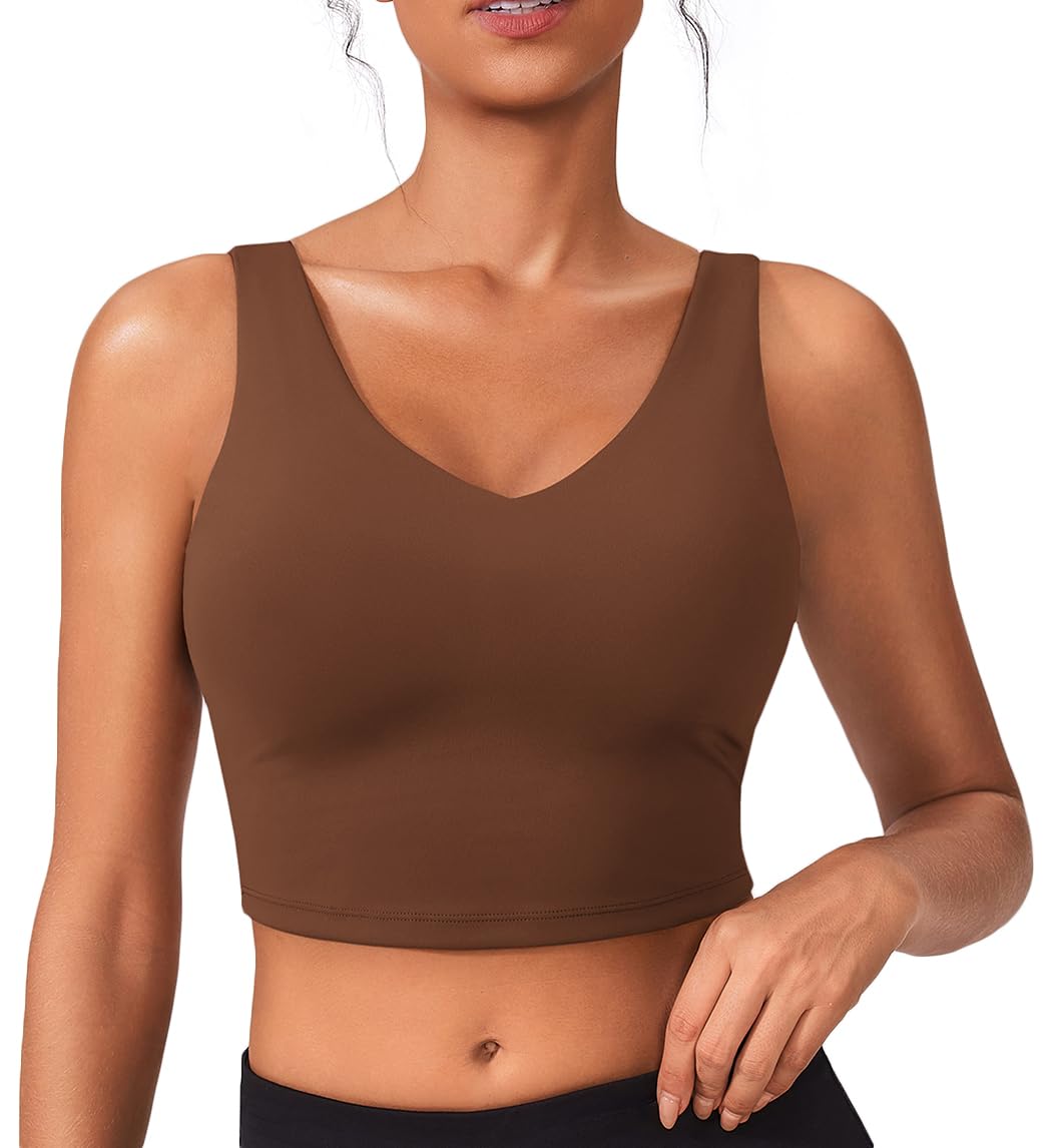 PINSPARK Sports Bra for Women Tank Tops Built in Workout Tank V Neck Padded Longline Bra with Removable Pads Pilates Outfit Small,Coffee Brown