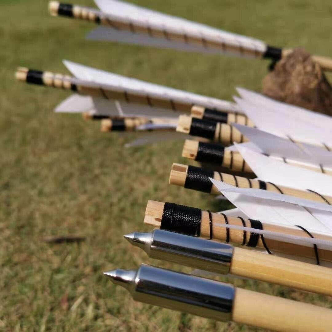 Archery Wooden English Longbow Arrows Practice Targeting Arrow 5.8" Turkey Feathers Fletching with Bullet Points for Recurve & Traditional Bow