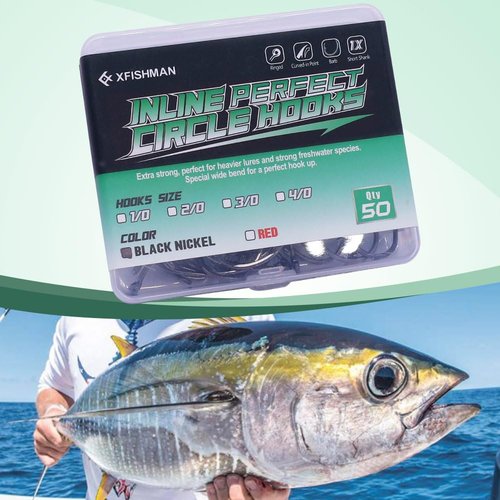 XFISHMAN-Inline-Circle-Hooks-Saltwater-Freshwater-for-Catfish-Tuna-Bass-Octopus-Hooks-Big-Hook-Fishing 50 Pack (Black, 2/0 50-Pack)
