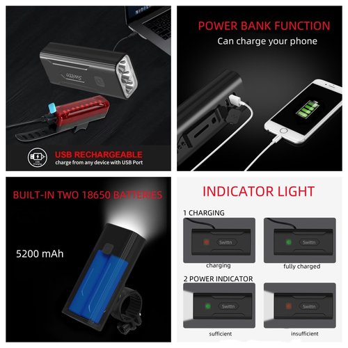 High Lumen Super Bright Bike Lights,5200mAh Runtime 10+ Hours,Rechargeable Bicycle Lights Front and Back for Night Riding,5 Light Modes,Easy to Install Without Tools