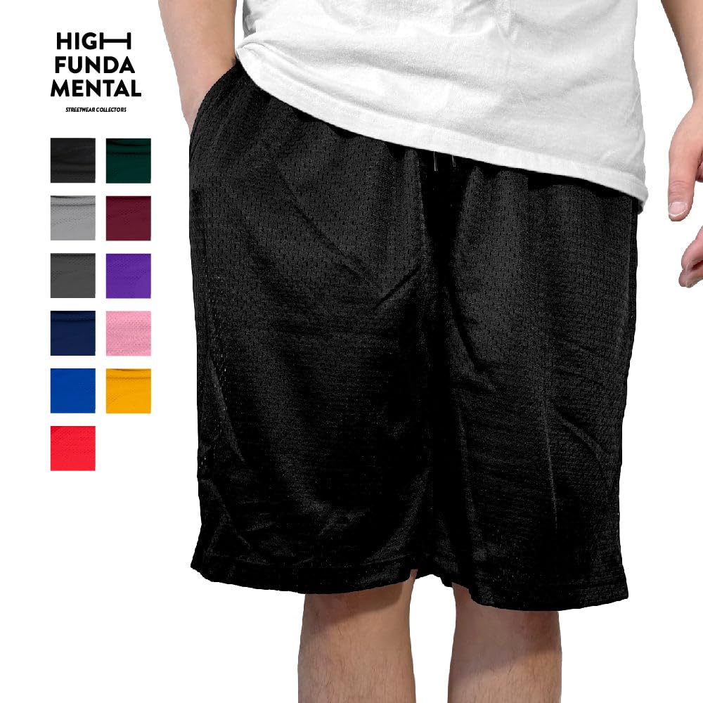 Highfundamental Men's Athletic Mesh Shorts with Drawstring 2 Pockets Lightweight Gym Workout Wear Basketball Shorts 8" Inseam Black