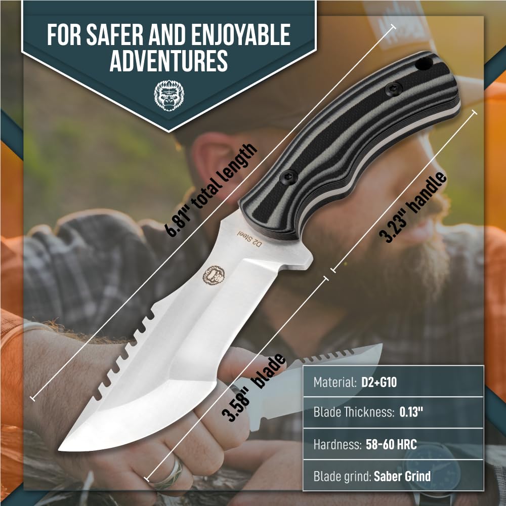 Holtzman's Gorilla Survival Baby Tracker Fixed Blade Hunting & Camping Knife with Fire Starter and Complete Tactical Survival Kit (Grey)