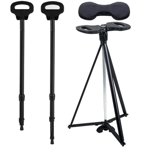 DINVES Adjustable Cane Chair, Cane Seat Folding Lightweight, Stool Seat with 2 Bases, Pocket Storage Bag and Removable Cushion,Aluminum Mobility Aid Crutch