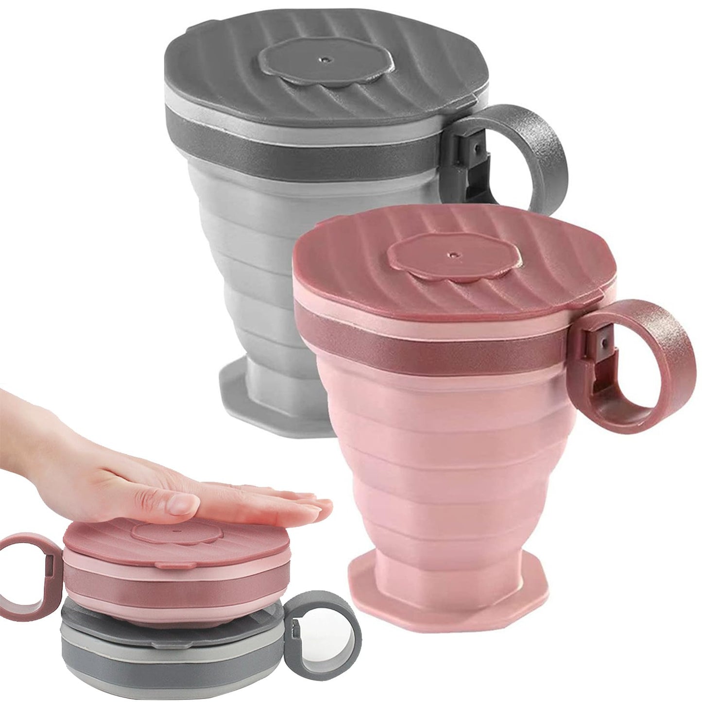 ABSOK Pack of 2 foldable silicone cups, foldable travel cups with plastic lids, reusable portable cup set suitable for camping and hiking