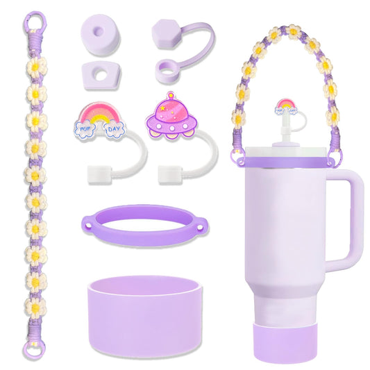 Fabenyok 8PCS Cup Accessories Set for Stanley 30oz & 40oz Tumbler, Including Water Bottle Handle Strap, Boot, Spill Stopper Set, Straw Straw Cover Cap for Stanley Cup Accessories(Purple)