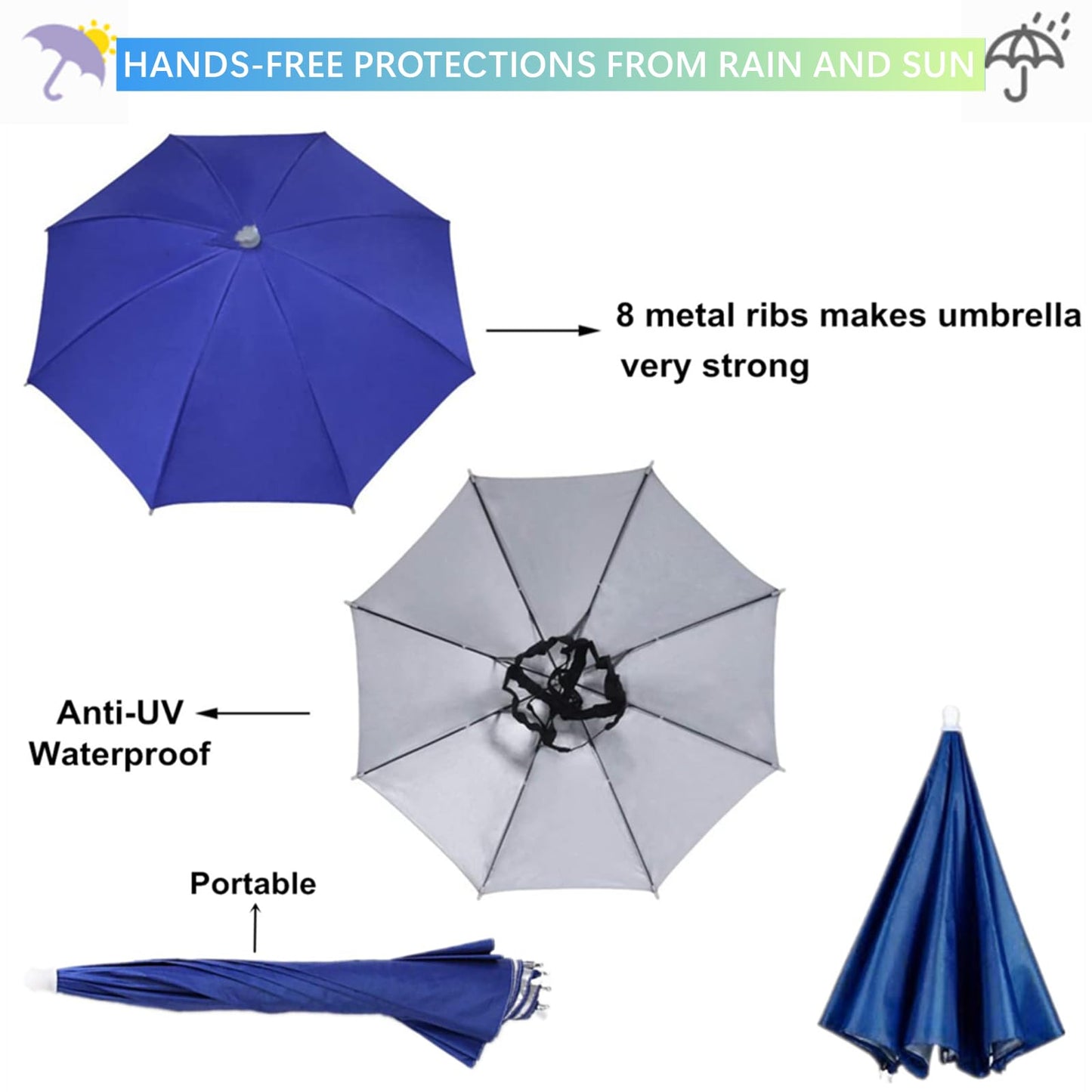 3 Pack Umbrella Hat, Sports Head Umbrella Hats for Adult Women, 26" Diameter Folding Waterproof Rainbow Fishing Headwear for Outdoor Party Beach Hiking (Royalblue)