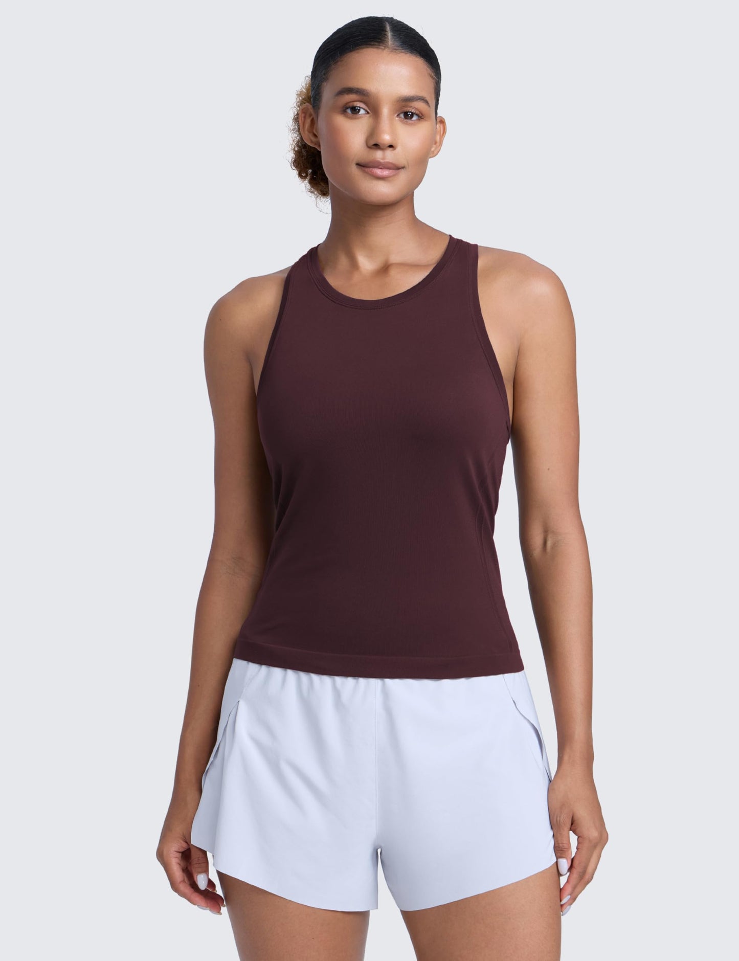 CRZ YOGA Seamless Workout Tank Tops for Women - Athletic Running Gym Sleeveless Shirts Crewneck Racerback Breathable Ripe Plum Medium