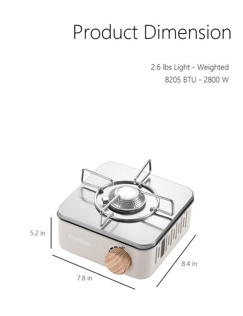 CretFine Mini Butane Camping Stove with Portable Bag, Indoor and Outdoor Cooking, for Emergency and Camp Essentials, 8205 BTU, 2hr Usage per Canister, Gas Not Included, White