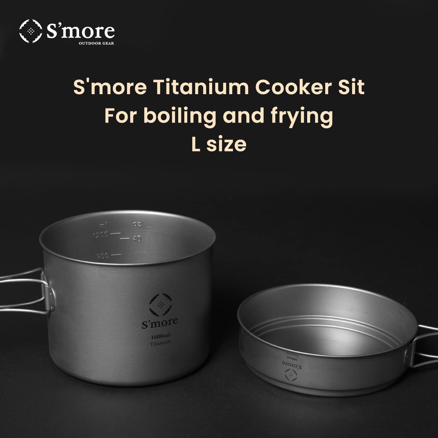 S'more Titanium Cooking Set, Ultralight Eco-Friendly Camping Cookware, 1100ml Pot and 350ml Pan 2 in 1 with Folding Handle for Hiking, Traveling, and Picnic(Medium)