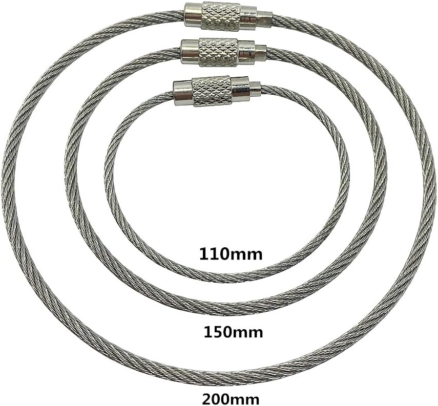 8pcs Stainless Steel Cable Key Ring Keychain with Screw Lock for Outdoor Sports (200mm)